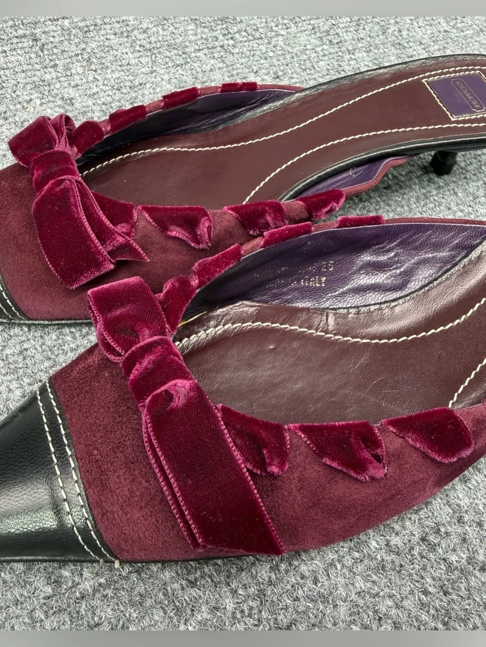 VTG COACH Kitten Heel Mules Burgundy Suede Black Leather 9B